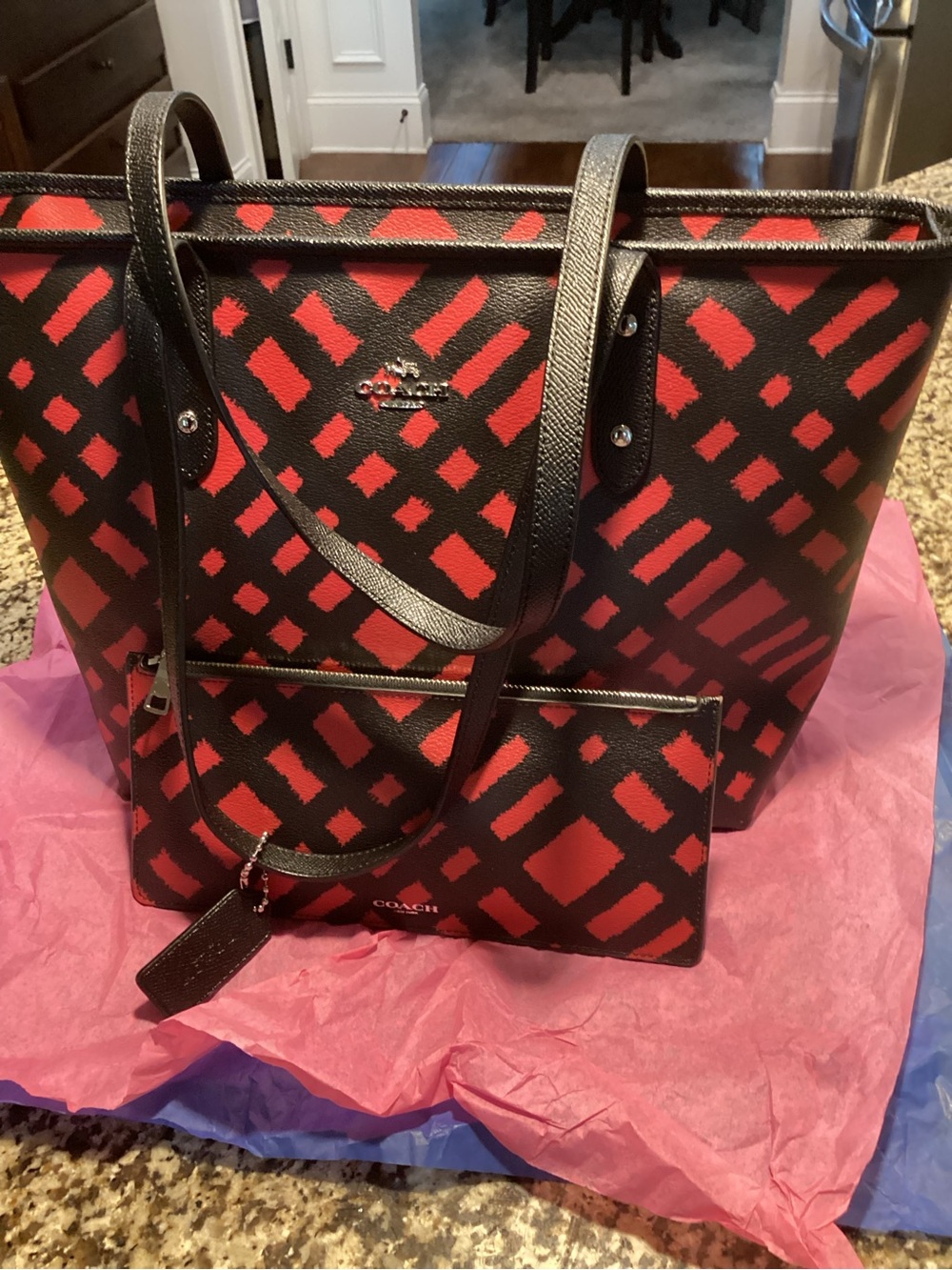 Coach Black Tote with Red Graphic Print and Matching Zip Pouch. NEW WITHOUT TAGS